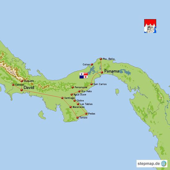 Meine Route durch Panama. In Porto Bello von Fritz an Land gesetzt und über Canoas wieder verlassen nach Costa Rica.