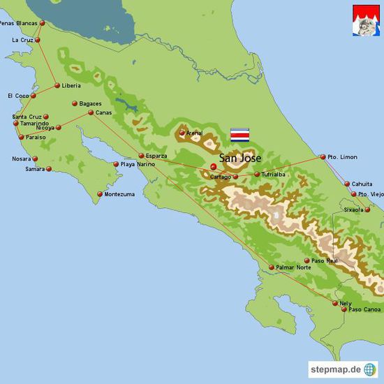 Das ist meine Route durch Costa Rica. Von Panama Paso Canoa kommend und über Penas Blancas nach Nigaragua verlassen.