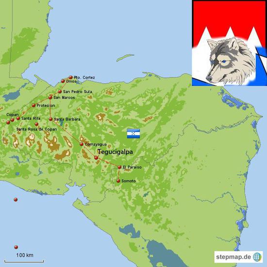 Zeigt die Route die ich von Süden kommend und über Copan verlassn nach Guatemala.