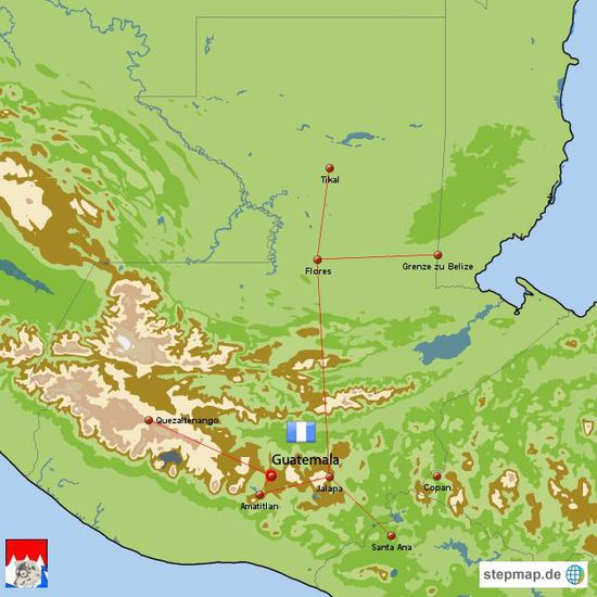 Zeigt die Route von Süden, Santa Ana kommend und im Osten über Belize verlassen.