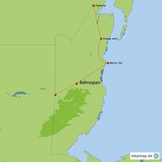 Zeigt meine Route von Süden, Guatemala, kommend und im Norden,Chetumal, verlassen nach Mexico.