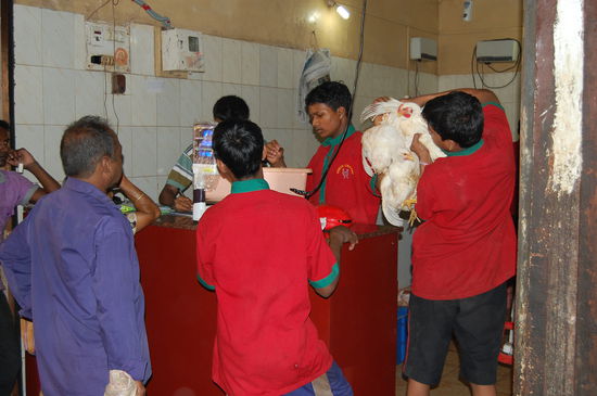 Hier werden die Hühner lebend gewogen und verkauft...