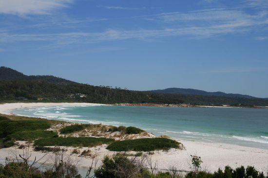 Schneeweisser Sandstrand, tuerkisblaues Wasser und feuerrote Felsen = Bay of Fire