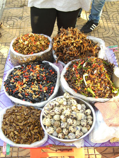 gibt's hier überall zu kaufen - Heuschrecken, Maden, Kakerlaken, Käfer, mit Chili verfeinert (Eier und Frösche kennt Ihr ja schon)