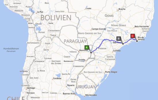 Wie immer zur einfacheren Orientierung unsere Strecke. Puerto Iguazu -- Stopp Sao Paulo -- Endstation Rio de Janeiro.