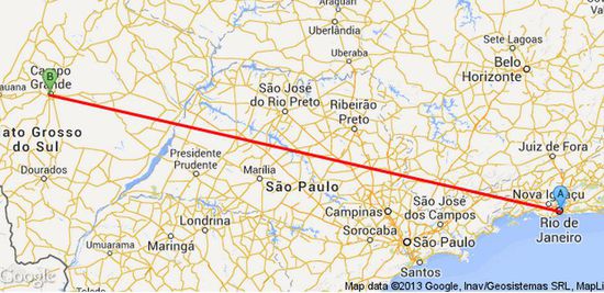 Per Flugzeug von Rio nach Campo Grande. Die Strecken nach Buzios und Ilha Grande hab ich hier nicht berücksichtigt, da alle Routenplaner im Internet so schon überfordert sind.