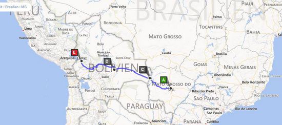 Danach ging es weiter von "A" Campo Grande -- "C" Corumba (Zwischenstopp im Pantanal) -- "D" Santa Cruz (mit Zug) -- "E" La Paz