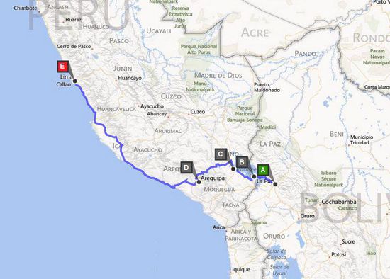 Route: "A" La Paz -- "B" Copacabana (Isla del Sol) -- "C" Puno -- "D" Arequipa -- "E" Lima!