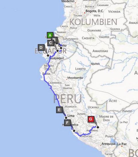 Hier mal wieder die letzten paar tausend Kilometer die wir zurück gelegt wurden. A Quito -- B Tena -- C Banos -- D Guayaquil -- E Lima -- F Huacachina -- G Cusco!