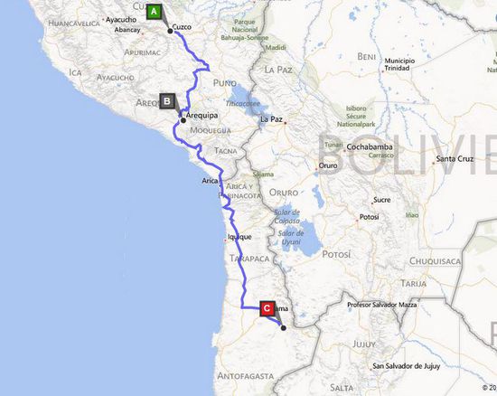 Überraschung. Schön langsam aber sicher kommen wir unserem Abflugsort Richtung Neuseeland näher.
A Cusco -- B -- Arequipa -- C San Pedro de Atacama.