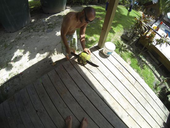 Einer der Gäste hatte seine eigene Machete mit und auf die Frage hin warum er seine eigene auf eine Insel mitnimmt war: Ja, zum Kokosnüsse aufmachen ! (Blöde Frage aber auch gg)