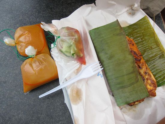 Hier das Objekt der Begierde. Suppe und Salat im Plastiksackerl und die Hauptspeise eingehüllt in ein Bananenblatt.