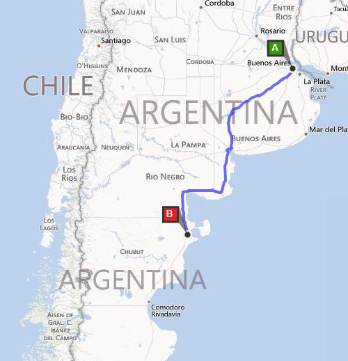 Auf Wunsch von einigen die Strecken die wir zurück legen. Hier von Buenos Aires nach Puerto Madryn (1350 Km und 18 Std. Fahrtzeit)
