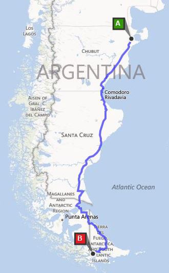 Zur besseren Orientierung. Diese Mördertour bestritten wir in über 30 Std. Von Pto. Madryn nach Ushuaia. Stopp in Rio Gallegos -- 2 Grenzen -- Überquerung der Straße von Magellan -- Stopp in Rio Grande -- Ankunft in Ushuaia nach ca. 1.800 Kilometer Fahrt.