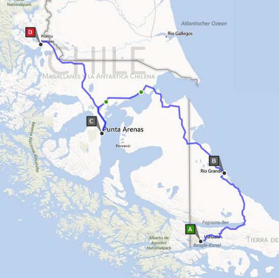 Wieder mal für die bessere Orientierung. Ushuaia -- Stopp in Rio Grande -- Stopp in Punta Arenas --> Ankunft in Puerto Natales. Aber dazu später mehr.