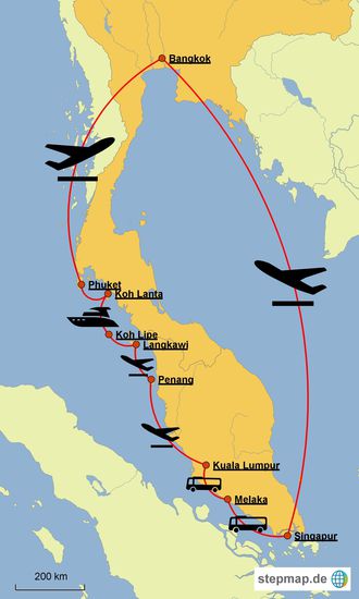 Das ist war unsere (ungeplante) Route ab und bis Singapur