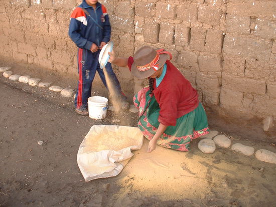 Eine Frau beim Säubern der Quinua-Körner von den anderen Pflanzenresten - der Wind macht's schon!