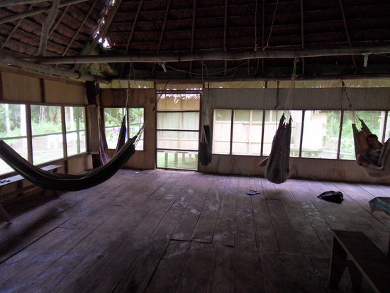 der Aufenthaltsraum mit Hängematten, Esstisch und ein Haustier hatten wir auch...