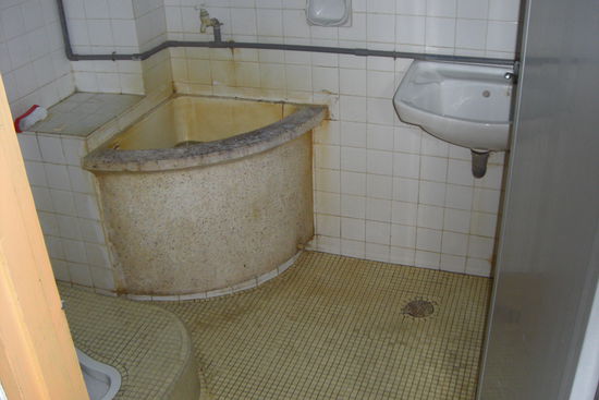 So sehen die Bäder hier aus ... bisschen alt aber top funktionstüchtig. Die Toilette seht ihr links unten (zum abhocken) und gespült wird mit Wasser aus dem halbrunden Bottig. die Dusche ist hinter Tür an der Wand 