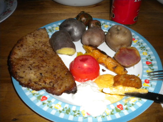 Das Abendbrot mir verschiedenen Kartoffelarten, Salsa und Schnitzel ... jipi ...