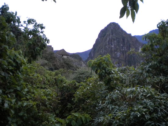 ... im dunkeln gestartet ... das erste Tageslicht mit Blick auf Wayna Pichu (der Berg im Hintergrund) ...