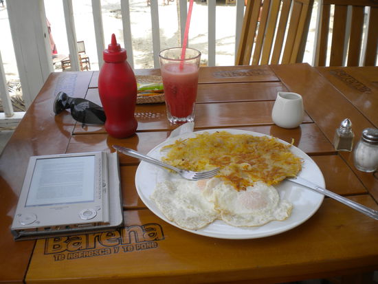 ... hier mal Eier mit Kartoffelpuffer und frischem Erdbeersaft ...