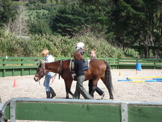 anna aufm pferd, geleitet von der pferdetrainerin und 2 therapeutinnen.