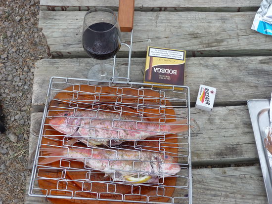 Und so wird der Fisch am Abend auf dem Camping-Grill verarbeitet 