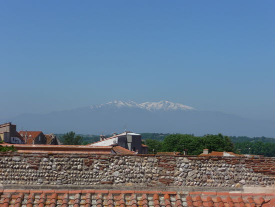 Vom Dach der Kathedrale aus hat man einen wunderschönen Blick auf den Hausberg des Roussillon - den Pic de Canigou - der auch jetzt Ende Mai noch eine Schneehaube trägt