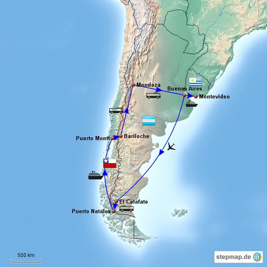 Unsere geplante Reiseroute durch Argentinien, Chile und Uruguay