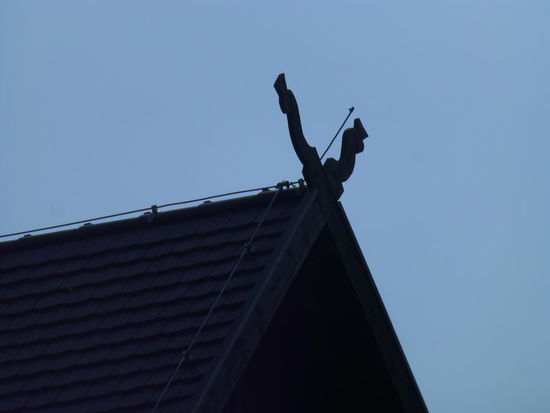 Typische Spreewald-Architektur: der Giebel mit den gekreuzten Schlangenköpfen. Das stammt aus der Sagenwelt, denn die Ringelnatter verkörperte bei den Slawen den "guten Geist" des Anwesens. Die Schlangen haben die Spreewälder einst auch vor Hochwasser gewarnt. Sie spürten die drohende Gefahr und sammelten sich auf den sogenannten Kaupen, den höher gelegenen Flächen, die nicht vom Wasser erreicht wurden. So hatten die Bewohner genügend Zeit, sich und ihre Habseligkeiten in Sicherheit zu bringen.