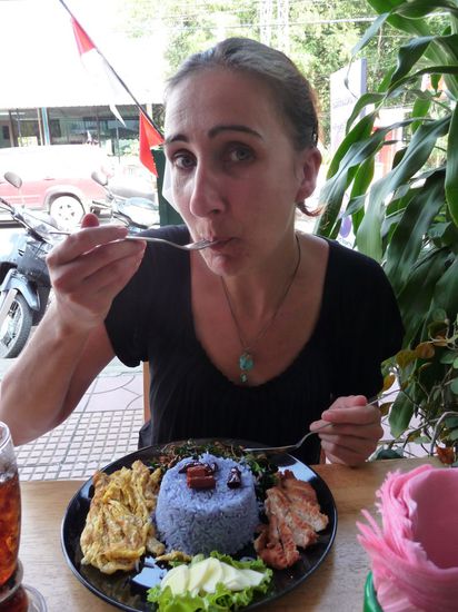 extrem leckeres Mittag (mit blau gefärbten Reis) für 50 Baht