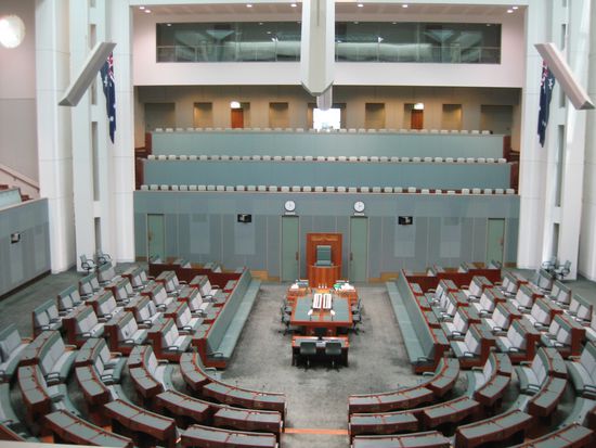 Sitzungssaal des Unterhauses (wie in UK gibt es auch ein Oberhaus)