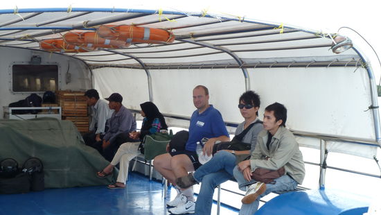 Auf dem Boot zwischen Kuching und Sibu. Wir hatten die Wahl: drinnen mit voll aufgedrehter Klimaanlage erfrieren oder etwas weniger bequem und dafür auch im Lärm (die Fähre war wirklich sehr, sehr laut) zu sitzen. Wir haben uns natürlich für Wärme entschieden 
Auf dem Weg haben wir oft Schiffe gesehen, die riesige Ladungen Holz transportiert haben - und das, obwohl sowieso schon nicht mehr viel Primärwald übrig ist 