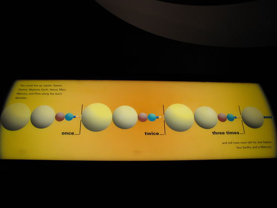 Wow das die Sonne groß ist wusste ich ja, aber das der Durchmesser so groß ist das man dort 3x Jupiter, Saturn, Uranus, Neptun, Erde, Venus, Mars, Merkur und Pluto reinstecken kann und dann immer noch Platz für den Saturn, 4x die Erde und den Merkur bleibt, nicht schlecht.
P.S. Die Erde ist der kleine dunkel blaue Punkt