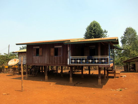 Ein typisches laotisches Haus - Der schattige Platz darunter dient den Menschen zum arbeiten, schlafen und essen. Oder den Tieren einen Schutz vor der Sonne.