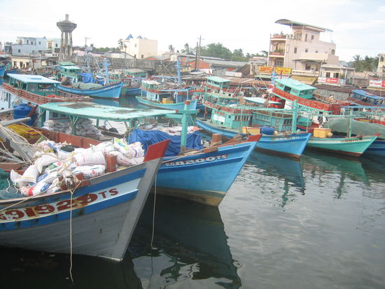 bunte Fischerboote im Hafen von Duong Dong