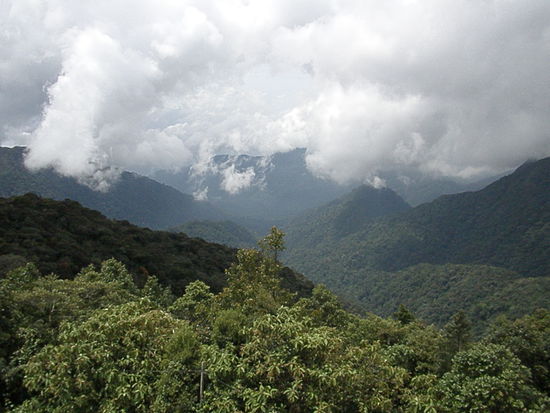Mann kan die Wolkenn über die Berge gleiten sehen