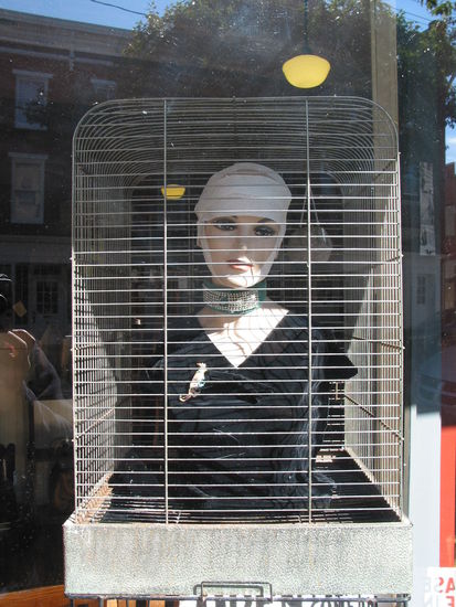 Seltsame Schaufensterdeko.  Wen soll man kaufen, den Käfig oder den Inhalt??