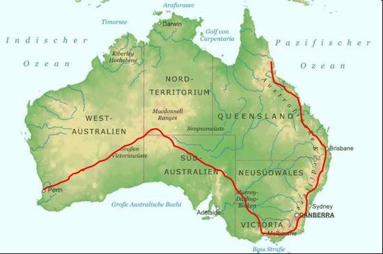 Unsere Reiseroute: Cairns, Brisbane, Sydney, Melbourne, Ayres Rock, Perth
