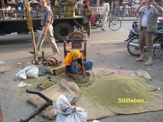 Linsen sind in Indien so verbreitet wie bei uns die Kartoffeln. Es gibt kaum eine Mahlzeit ohne Linsen, so wie sie hier auf dem Haufen liegen.