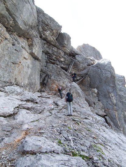 Eine Leiter am Fels, und das Klettern geht weiter.