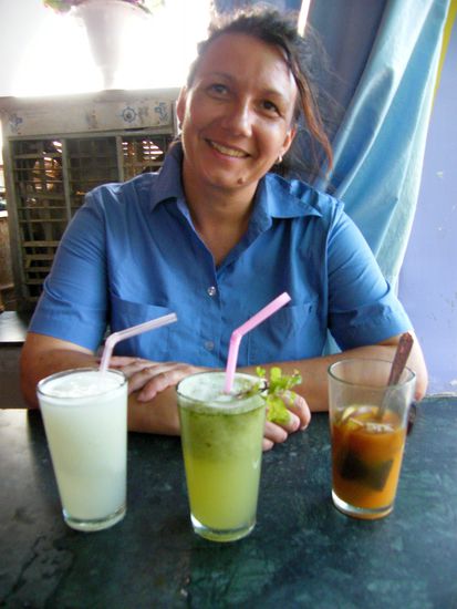 eine Getränkeauswahl mit Frau ... grins. Unter anderem schwarzer Tee mit Mango und Apfelstücken, sowie eine Limonane mit Zitrone und Pfefferminz und eine Limonade ( no alcohol)