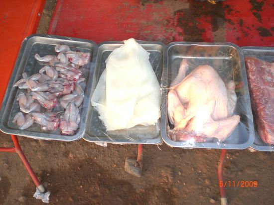 Na, was ist das wohl alles.... Also links sieht man leckere Frösche, Mitte keine Ahnung, will ich auch nicht wissen und rechts ein Hühnchen und irgendwelches anderes Fleisch.