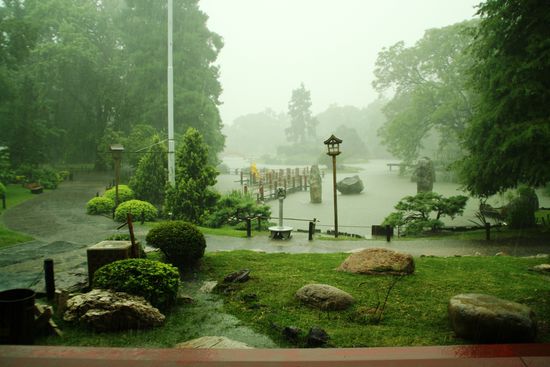 Japanischer Garten bei Regen