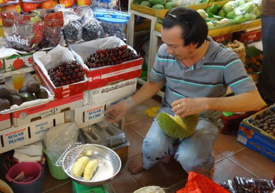 Durian wird geöffnet und die Fruchtkörper mit den Kernen ausgelöst - glaube, wir haben uns schon an den Gestank gewöhnt, finden ihn nicht mehr ganz so schlimm
