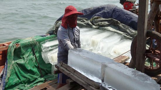 Eisstangen zum Kühlen werden ausgeladen