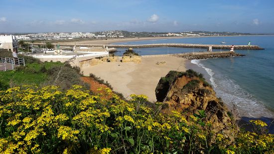 Blick von der Praia Batate auf die langgezogene Badebucht Meia Praia im Hintergrund