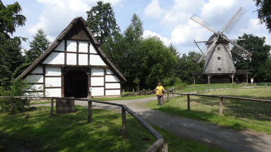Blick auf eine Kappenwindmühle aus dem Landkreis Cloppenburg, Bj 1764, Wiederaufbau 1939-1941