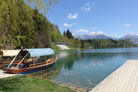 Im Vordergrund ein Pletna, das typische Flachboot aus Holz hier auf dem See, wird im Stehen gerudert